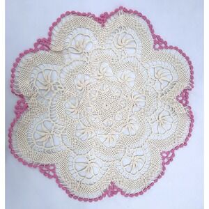 Vintage Handmade Crochet Doily 19" Ivory Pink Pinwheel Floral Lace